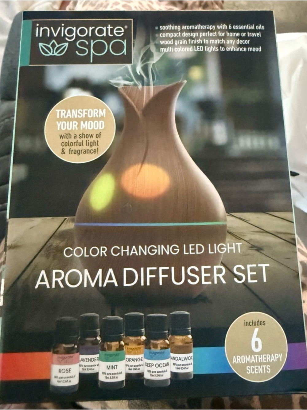 Color changing diffuser with essential oils